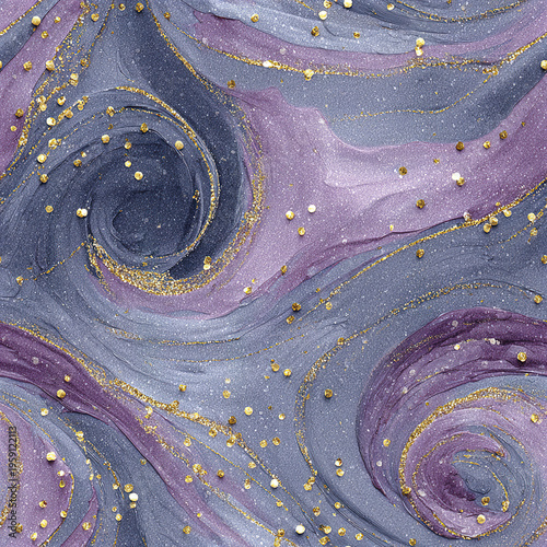 Abstract glitter swirl pattern with purple and gray tones, accented by gold specks and shimmering details, creating feminine and elegant aesthetic with fluid, flowing shapes