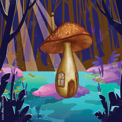 is a digital illustration of a whimsical mushroom house situated in an enchanted forest.