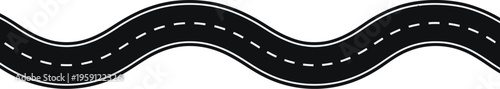 A black and white illustration of a wavy road with dashed lines