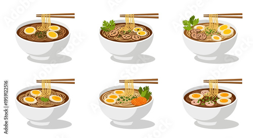 Variety of Asian noodle soup bowls.