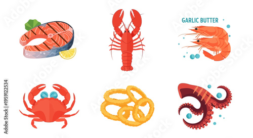 Seafood icons with lobster crab shrimp.