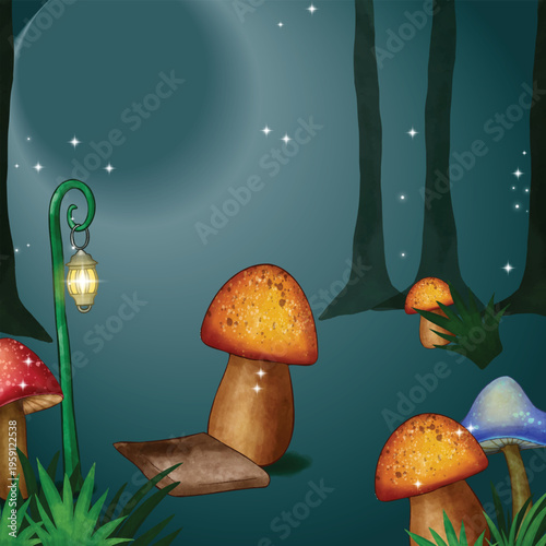  is a digital illustration of a whimsical mushroom house situated in an enchanted forest.