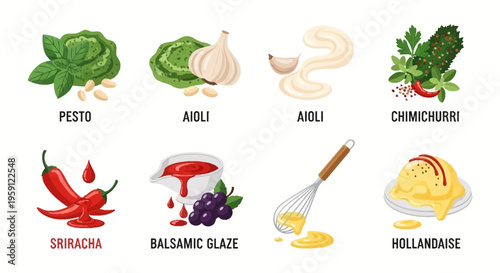 Variety of condiments and sauces.