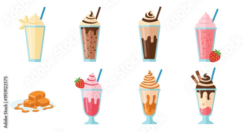 Variety of milkshakes and pancakes dessert.