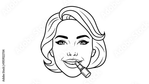 Beautiful woman applying lipstick front view beauty cosmetics skincare routine concept with elegant female face line icon illustration