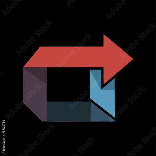Abstract 3D arrow pointing right with a blue and purple geometric shape.