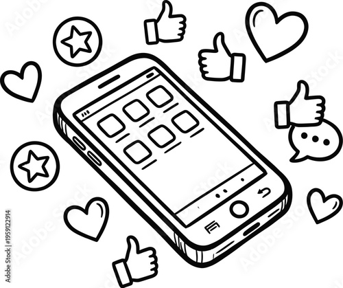 A smartphone surrounded by social media icons and likes