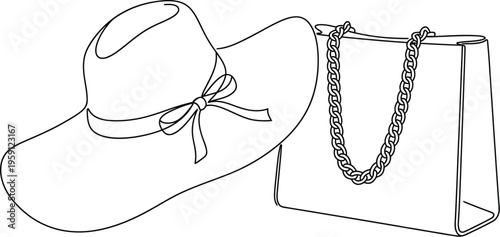 Fashionable wide brim hat with ribbon and stylish handbag with chain strap