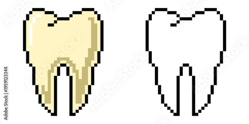 Set editable pixel teeth vector for retro dental games. Ideal for symbolizing 8-bit digital dentistry, arcade style oral care, and nostalgic health.