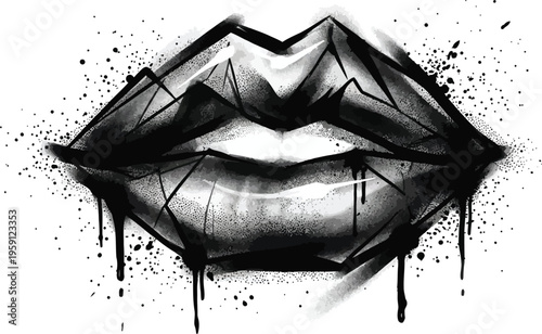 A striking black and white illustration of lips with bold shading and paint splatters creating a dramatic artistic effect
