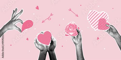 Collage with female hands holding a paper heart and a rose. Trendy halftone collage. Pop art design with Valentine's Day elements. A creative romantic love concept for a greeting card and social media