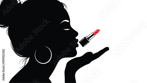 Woman applying lipstick silhouette beauty fashion cosmetics concept with elegant female profile makeup routine glamour style line icon design