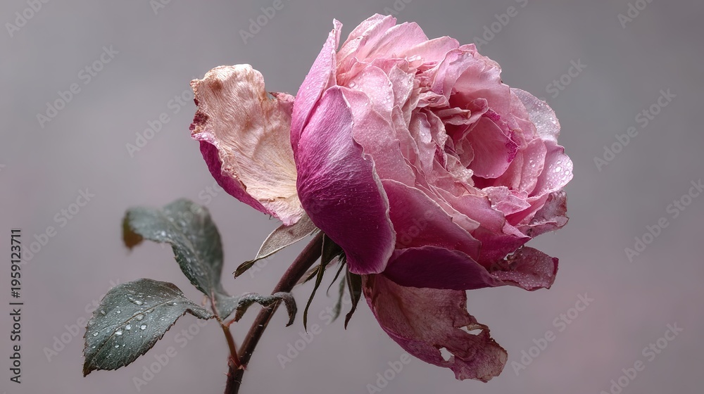 Fototapeta premium Wilted dried rose flower on light gray background. Fading beauty and aging concept with withered petals. 