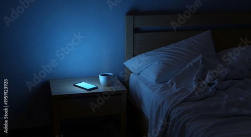 An unmade bed sits beside a wooden nightstand holding a glowing mobile device and a cold cup of coffee in a dark room under blue moonlight, insomnia, overtime, rest