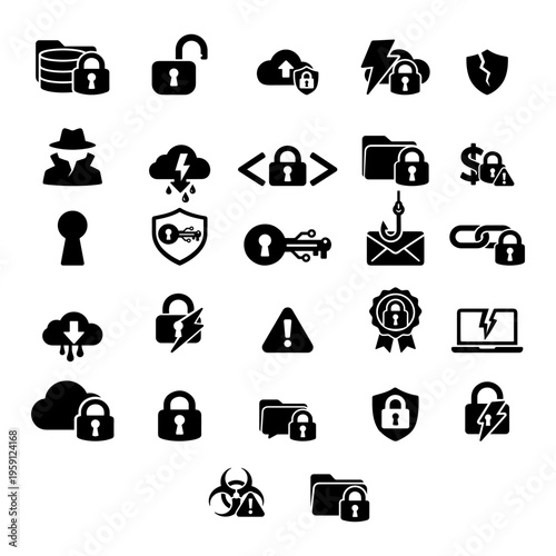 Cybersecurity Data Protection Icon Set
Professional vector icons for cybersecurity, data encryption, and network privacy with 2px stroke.
