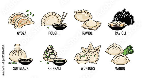 Dumplings and various Asian food types.