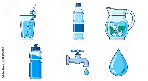 Fresh water and hydration icons set.