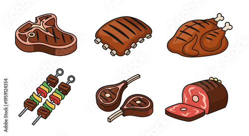 Grilled Meat Cuts and Skewers Illustration.