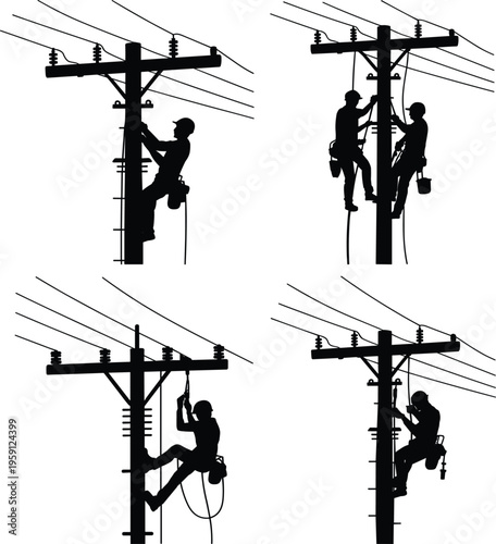 Electric lineman workers vector silhouettes, power line maintenance technicians climbing utility poles with safety gear