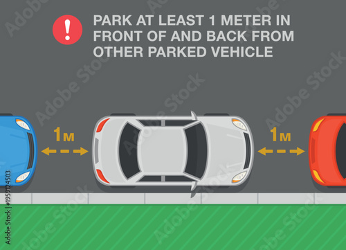 Outdoor parking rules and tips. Top view of a parallel parking. Park at least one meter in front and back from other parked vehicle. Flat vector illustration template.