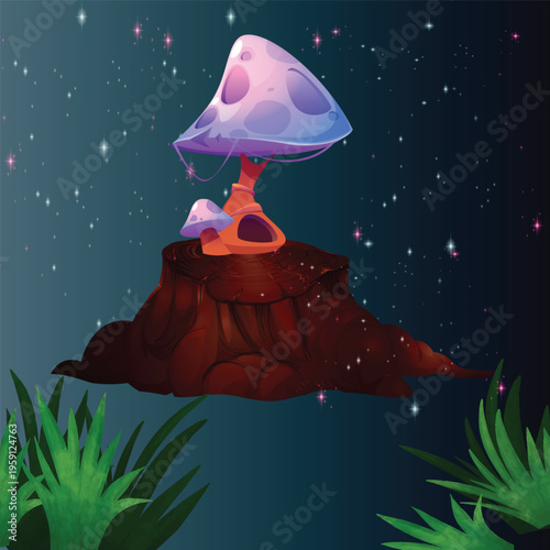  is a digital illustration of a cartoon nature scene depicting red-capped mushrooms growing on a tree stump.