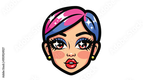 Colorful pop art female face with vibrant makeup beauty fashion cosmetics modern graphic illustration bold creative style avatar design