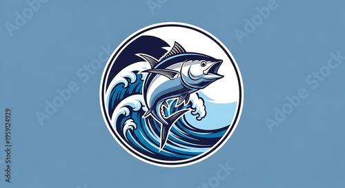 A dynamic illustration of a blue tuna fish jumping out of the ocean waves inside a circular emblem for aquatic branding illustration