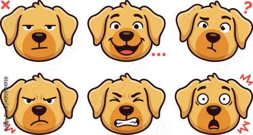 Cartoon dog faces with different emotional expressions and reactions