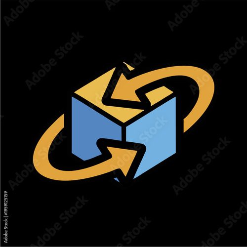 Blue cube with circular orange arrows indicating rotation or exchange.