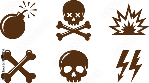 Brown hazard icons including bomb, skulls, bones, explosion, and lightning