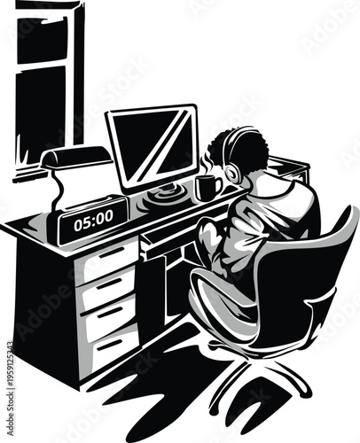 Woodcut Style Exhausted Student Studying Late at Night Illustration