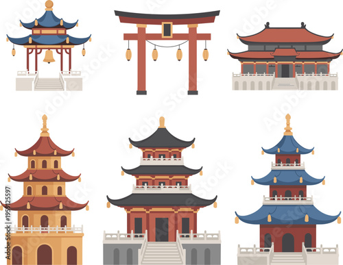 Asian temple and pagoda architecture vector set, traditional buildings with torii gate cultural landmarks