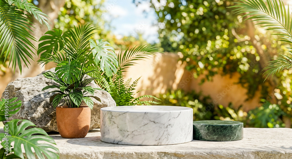 Fototapeta premium Podium background 3D white marble stand display platform mockup. Stone podium scene summer background 3D render product stage presentation green pedestal plant rock leaf art abstract