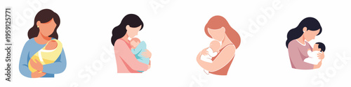 Minimalist flat vector scene showing a caring mother holding her baby lovingly, soft colors, simple shapes, no outline, clean white background.