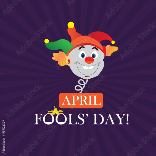 A playful illustration featuring a smiling jester head popping out of a spring above April Fools Day text with a banana peel icon on a purple sunburst background