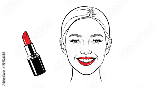 Smiling woman face with red lipstick beauty cosmetics concept featuring happy female expression skincare makeup elegance line icon design