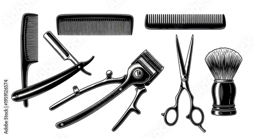 Vintage Barber Tools Set: Comb, Razor, Clippers, Scissors, Shaving Brush