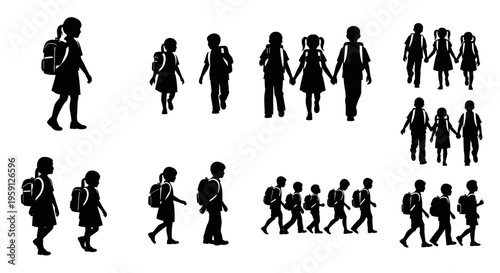 Children Silhouette Back to School Backpacks Walking Group Collection