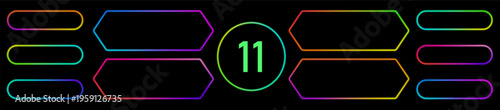 Modern glowing UI elements with bright LED borders and soft 3D light on dark background. Vibrant vector collection for neon action call banners, buy now labels, game interface, casino apps and website