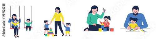 Parents enjoying playtime with their kids, modern flat vector design, smooth shapes, minimal color palette, white background.