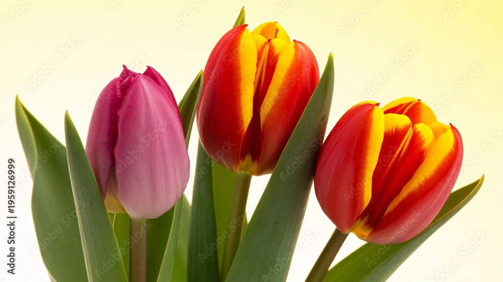 Fototapeta premium Three colorful tulips with green leaves on white background