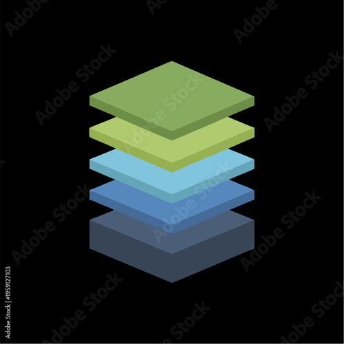 Isometric Stack of Colorful Square Layers on a Dark Background.