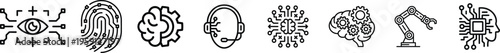Diverse black outline icons symbolizing artificial intelligence, robotics, and advanced technology concepts