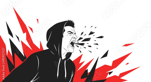 Aggressive Man Yelling, Breaking Glass, Expressing Anger and Frustration