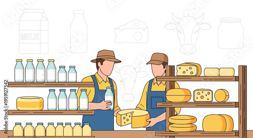 Dairy farm workers arranging cheese and milk bottles on shelves