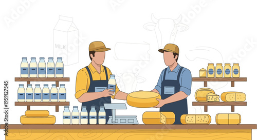 Dairy farmers selling fresh milk and cheese at a market stall with cow illustration