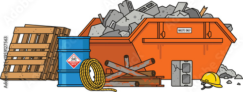 Construction Waste Dumpster Vector Illustration with Orange Skip Bin Debris Pallets Blue Hazard Barrel Hard Hat and Steel Beams for Industrial Site Cleanup