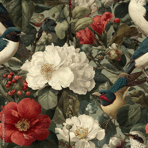Antique style botanical and bird collage seamless design with detailed white and red flowers, green leaves, and colorful birds creating vintage natural pattern full of charm and elegance