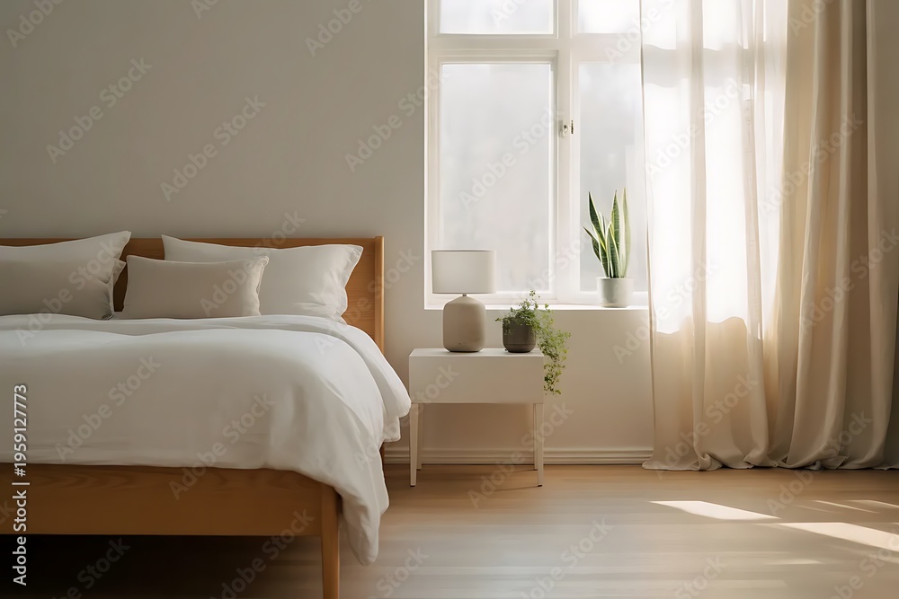 Fototapeta premium Minimalist Bedroom Interior With Soft Natural Window Light And Clean Design