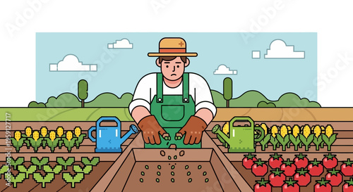 Farmer planting seeds in fertile soil, watering cans beside growing crops of corn and tomatoes